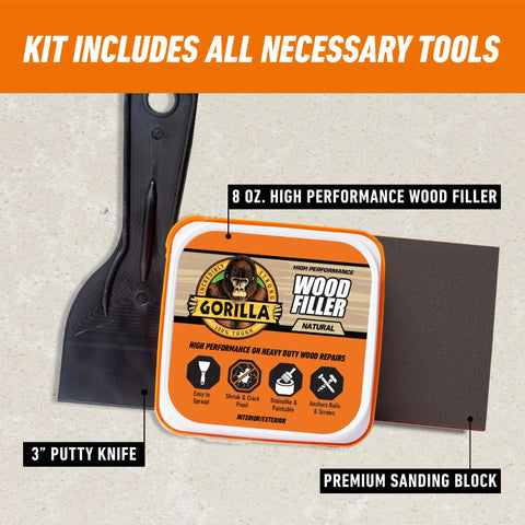 All Purpose Wood Filler Repair Kit With Putty Knife And Sanding Block For DIY Home Projects shown with tools included