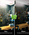 Comparison of two garage workshops, one lit by Ultra Bright 4 Foot LED Shop Light Bar With 2300 Lumens And 6500K Cool White, showing brightness difference.