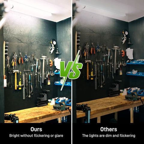 Comparison of two garage workshops, one lit by Ultra Bright 4 Foot LED Shop Light Bar With 2300 Lumens And 6500K Cool White, showing brightness difference.