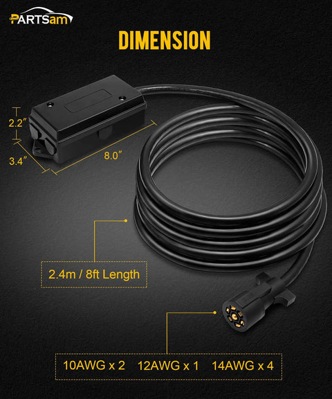 Dimensions of Heavy Duty 7 Way Trailer Wiring Harness With Inline Junction Box And Weatherproof Connector Cable, 8ft length.