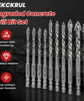 REKCKRUL 10-piece masonry drill bit set with carbide tips, sizes 1/4 to 9/16 inch, front view.