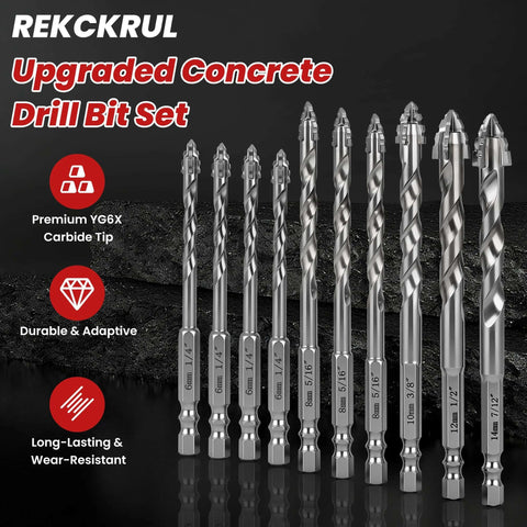 REKCKRUL 10-piece masonry drill bit set with carbide tips, sizes 1/4 to 9/16 inch, front view.