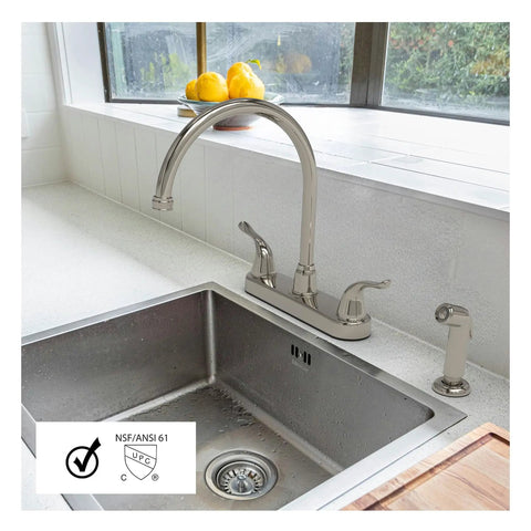 RV Kitchen Sink Faucet With High Arc Spout, Dual Lever Handles, And Side Spray, Deck Mount, Brushed Nickel Finish, 8 Inch On Center