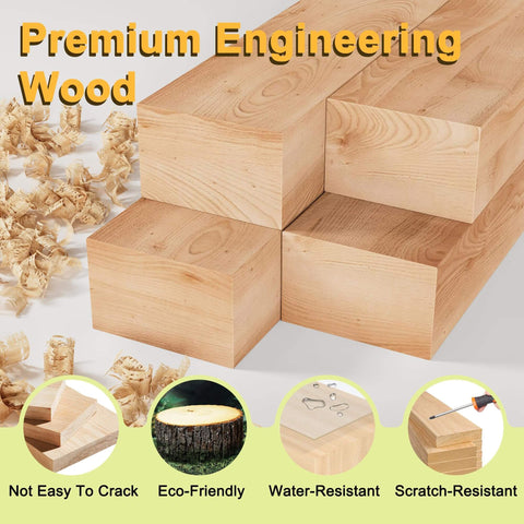 Stack of premium engineering wood blocks showcasing water and scratch resistance, eco-friendly qualities, and carpentry icons.