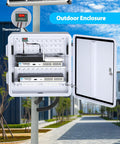 Heavy-Duty 24 X 24 X 12 Inch Galvanized Steel Electrical Junction Box Built Damn Tough With Rock-Solid Double-Layer Spray Coating For Brutal Outdoor Weather And Kick-Ass Wire Management For Pro Jobs, open view with thermostat and wiring.