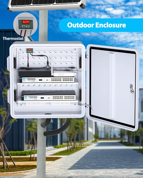 Heavy-Duty 24 X 24 X 12 Inch Galvanized Steel Electrical Junction Box Built Damn Tough With Rock-Solid Double-Layer Spray Coating For Brutal Outdoor Weather And Kick-Ass Wire Management For Pro Jobs, open view with thermostat and wiring.