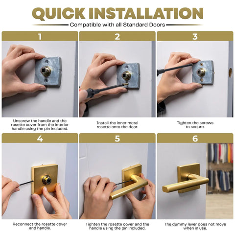 Step-by-step guide to installing Dummy Lever Door Handle Set Satin Brass 5 Inch 2 Pack Quick Install For Closets And French Doors.