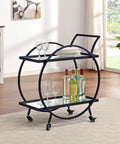 Modern Black Two Tier Bar Cart With Mirror Trim And Metal Frame Rolling Mini Drink Station And Kitchen Serving Caddy For Whiskey And Cocktails Lowkey Chic Decor That Slaps In Any Living Space Layouts with wine glasses and liquor bottles.