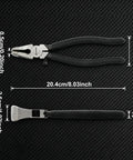 Heavy Duty Eight Inch Auto Glass Running Pliers Featuring Curved Jaws Adjustable Screw And Protective Rubber Tips with measurements on a black background.