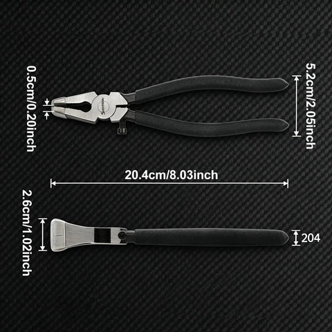 Heavy Duty Eight Inch Auto Glass Running Pliers Featuring Curved Jaws Adjustable Screw And Protective Rubber Tips with measurements on a black background.