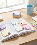 Black Cat Sticky Notes 3x3 Set on open book beside pastel mugs and pens, ideal for back to school and office organization.