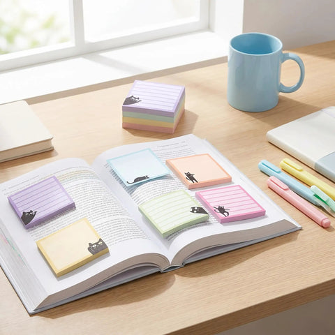 Black Cat Sticky Notes 3x3 Set on open book beside pastel mugs and pens, ideal for back to school and office organization.