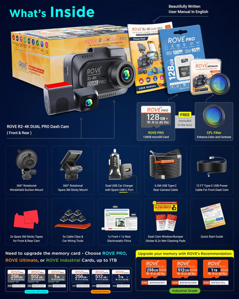 Dual 4K Front And 2K Rear Dash Cam For Your Ride With STARVIS 2 Sensors HDR packaging and accessories overview