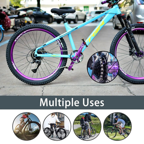 6/7/8 Speed Bike Chain For Road And Mountain Bikes, Full Silver Plating, 116 Links, shown on a blue mountain bike