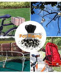 Elastic Bungee Cords With Metal Hooks 10 Pack used for securing gear on bike, tree, luggage rack, and cart with red bag.