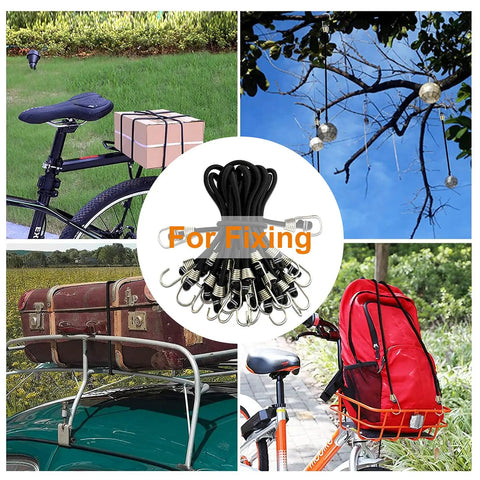 Elastic Bungee Cords With Metal Hooks 10 Pack used for securing gear on bike, tree, luggage rack, and cart with red bag.