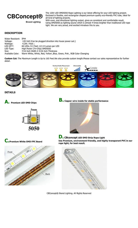 Diagram showing features of UL Listed 164 Ft LED Rope Light Kit With 18000 Lumens 4000K Soft White Dimmable 120V AC Flexible Flat Strip