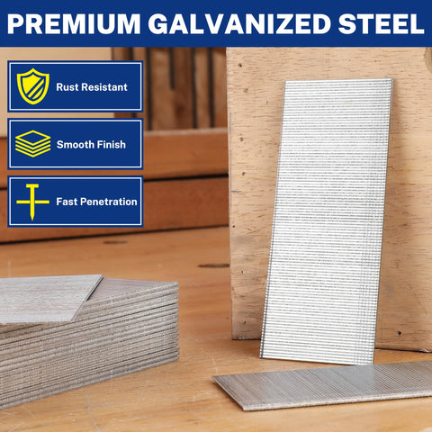 18 Gauge Brad Nails Kit 6000 Count With 3/4 Inch, 1-1/4 Inch, 1-1/2 Inch And 2 Inch Nails For Pneumatic And Electric Brad Nailers, Zinc Plated Steel, Corrosion Resistant, Heavy Duty Woodworking Fasteners For DIYers stacked on wood surface.