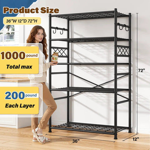 Heavy Duty 5 Tier Metal Shelving Rack With 1000Lbs Capacity 72In High 36In Wide 12In Deep 4 Side Hooks Black Ultra Versatile Garage Kitchen Bath Storage Organizer For Max Vertical And Corner Space