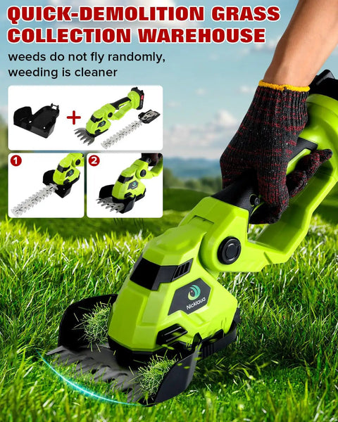 2 In 1 Grass Shear And Hedge Trimmer Cordless with Dual Action Blades on lawn, includes rechargeable batteries, lightweight tool