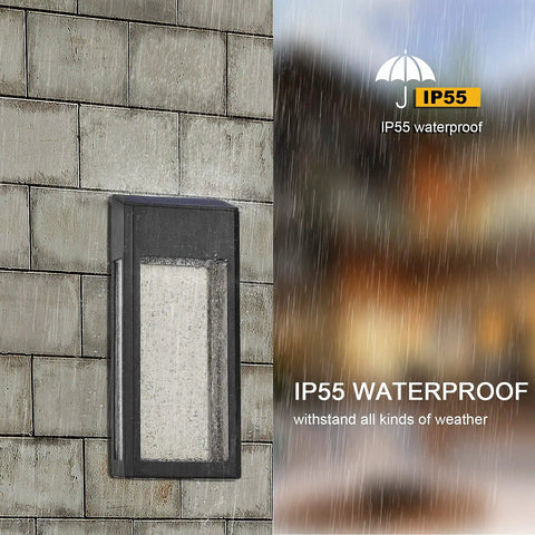 4 Pack Solar Fence Lights Outdoor Waterproof Aluminum Frosted Glass Post And Wall Lamps For Yard Porch Garage Creating Cozy Warm Glow With Energy Saving Sun Powered Ambience And Easy Install showcasing IP55 waterproof feature on stone wall.