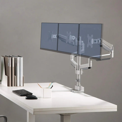 Clean Workspace Upgrade Featuring Versatile Triple Monitor Pole Stand With Rock Solid Build And Smooth Glide Swivel Tilt Control Plus Integrated Usb Charging Ports For Effortless Grommet Installation Gray