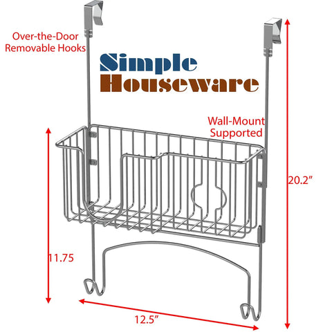 Space Saving Over The Door And Wall Mount Ironing Board Holder For Laundry Room with hooks and wire frame design, dimensions visible