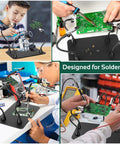 Collage showing Magnetic Helping Hands Soldering Station with four flexible gooseneck arms and non-slip base for electronics repair.