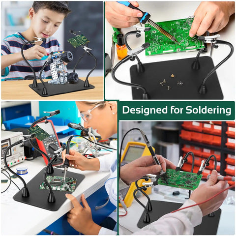 Collage showing Magnetic Helping Hands Soldering Station with four flexible gooseneck arms and non-slip base for electronics repair.
