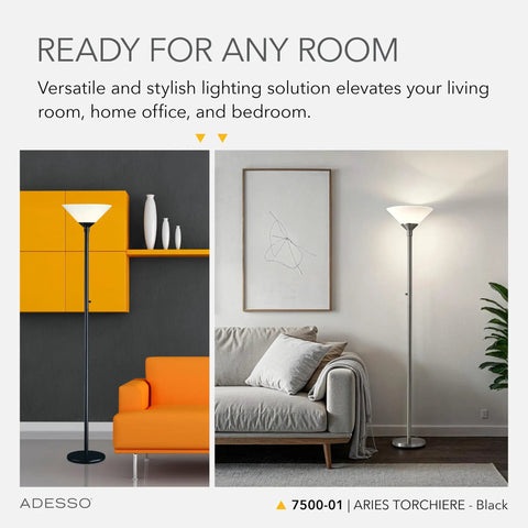 Black Torchiere Floor Lamp With Frosted Shade, 300W Dual Socket, 73 Inch Tall, Dope Uplight Accent Lighting in modern living room setup