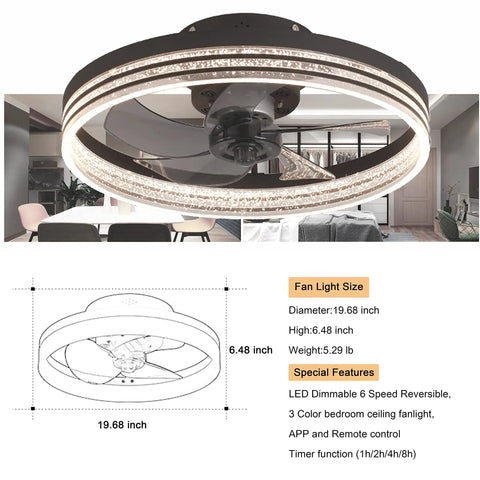 Low Profile Bladeless Ceiling Fan With Lights, App Or Remote Control, 19.7 Inch Flush Mount, Dimmable 3 Color LED in room