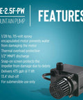 Close-up of Compact Submersible Pump For Small Ponds And Fountains, 115 Volt Direct Drive, 1/28 HP, 475 GPH, 15 Ft Cord, Epoxy Encapsulated, Black, Model 566612, Built Tough with features list