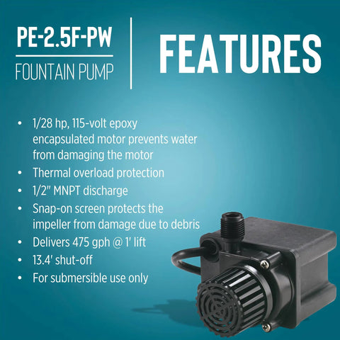 Close-up of Compact Submersible Pump For Small Ponds And Fountains, 115 Volt Direct Drive, 1/28 HP, 475 GPH, 15 Ft Cord, Epoxy Encapsulated, Black, Model 566612, Built Tough with features list