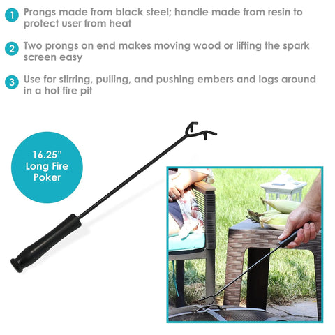 16 Inch Fire Pit Poker With Heat Resistant Resin Handle, Built Tough Campfire Tool For Indoor And Outdoor Use shown in use.