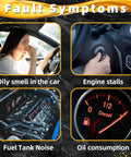 Collage showing symptoms of a faulty fuel pump: oily smell, engine stalls, fuel tank noise, and oil consumption gauge.