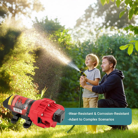 Man and child using garden hose with 60 PSI Pressure Switch Assembly For 12V Diaphragm Pumps Auto Shutoff At Peak