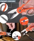 Upgraded 6 Piece Cable Splicer Kit With Genuine Leather Pouch showing electrician scissors in use with wire