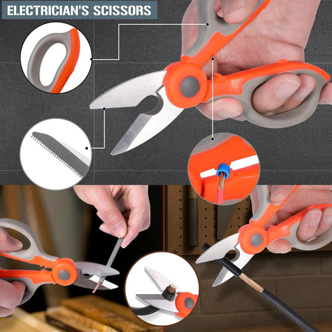 Upgraded 6 Piece Cable Splicer Kit With Genuine Leather Pouch showing electrician scissors in use with wire
