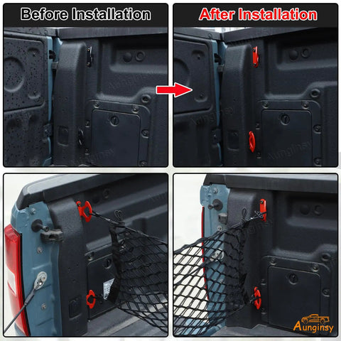 Rock Solid Carbon Steel Tie Down Hooks Four Pack For Ford Maverick 2022 To 2025 shown before and after installation with red anchors.