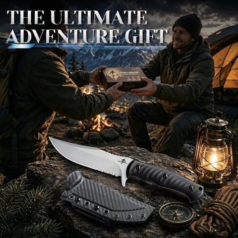 Fixed Blade Knife With Sheath For Outdoor Use Fire Forged High Carbon Steel Razor Sharp Edge Hand Finished on rocky surface