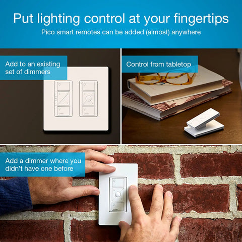 Smart Dimmer Switch Starter Kit With Pico Remote, Wall Plate, And Smart Hub For Alexa, Apple Home, And Google Home, 3 Way Setup, No Neutral Required, 150W Plug And Play shown in use on brick wall and tabletop