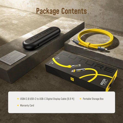 Uber Fast USB4 2.0 Cable With LED Display 6.6ft 240W PD3.1 Fast Charging 80Gbps Data Transfer Dual 8K Video For MacBook Pro iPhone Galaxy SSD Docking Yellow package contents and storage box