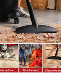 Heavy-Duty 6 Gallon Wet Dry Vacuum With 3 Peak HP Power in use for wood shavings, water, leaves, and stairs cleanup in workshop.