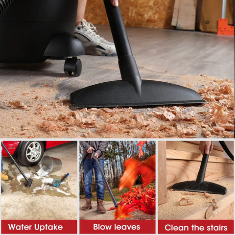 Heavy-Duty 6 Gallon Wet Dry Vacuum With 3 Peak HP Power in use for wood shavings, water, leaves, and stairs cleanup in workshop.