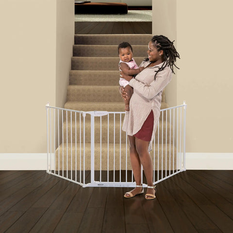 Extra Wide Baby Gate With Door Kid Safe For Stairs And Hallways Hardware Mounted installed at bottom of carpeted staircase