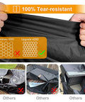 Close-up of hands stretching 420D fabric showing Heavy Duty Waterproof Patio Furniture Covers For Table And Chairs Set All Weather Protection UV Resistant No Tears Or Fading 110 Inch Long By 84 Inch Wide By 28 Inch High Durable 420D Fabric.