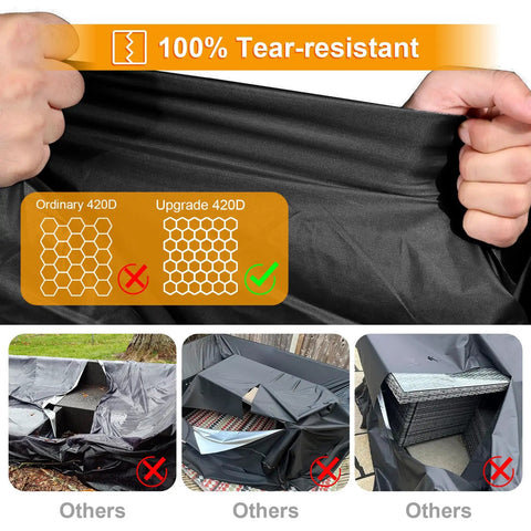 Close-up of hands stretching 420D fabric showing Heavy Duty Waterproof Patio Furniture Covers For Table And Chairs Set All Weather Protection UV Resistant No Tears Or Fading 110 Inch Long By 84 Inch Wide By 28 Inch High Durable 420D Fabric.