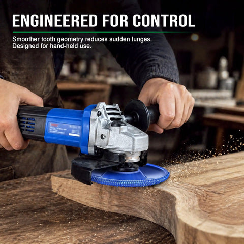 Premium Tungsten Carbide Carving Wheel For Angle Grinder With Aggressive Coarse Blades in use on wood surface.