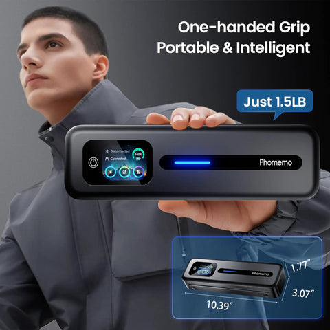 Man holding Upgraded Portable Wireless Printer With Touchscreen, Bluetooth Thermal Inkless M832D, compact design visible