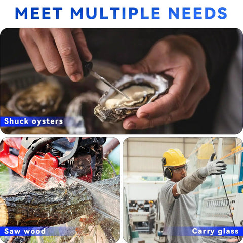 Collage showing hand shucking oysters, chainsaw cutting wood, and man with gloves carrying glass in workshop.